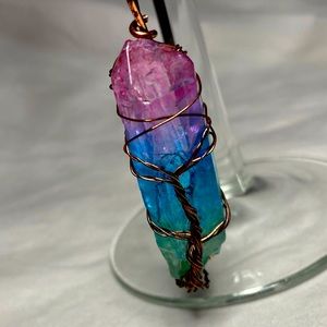 Aura quartz crystal necklace with matching rainbow chain